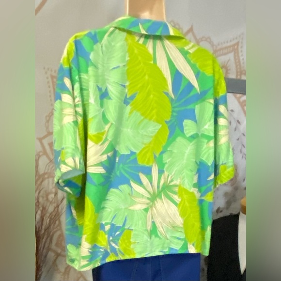EUC LULU’S South Beach Sweetie Green Tropical Print Linen Button-Up Top Size L - Picture 5 of 8